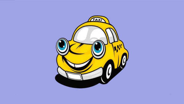 Ein gelbes Comics-Taxi mit Augen